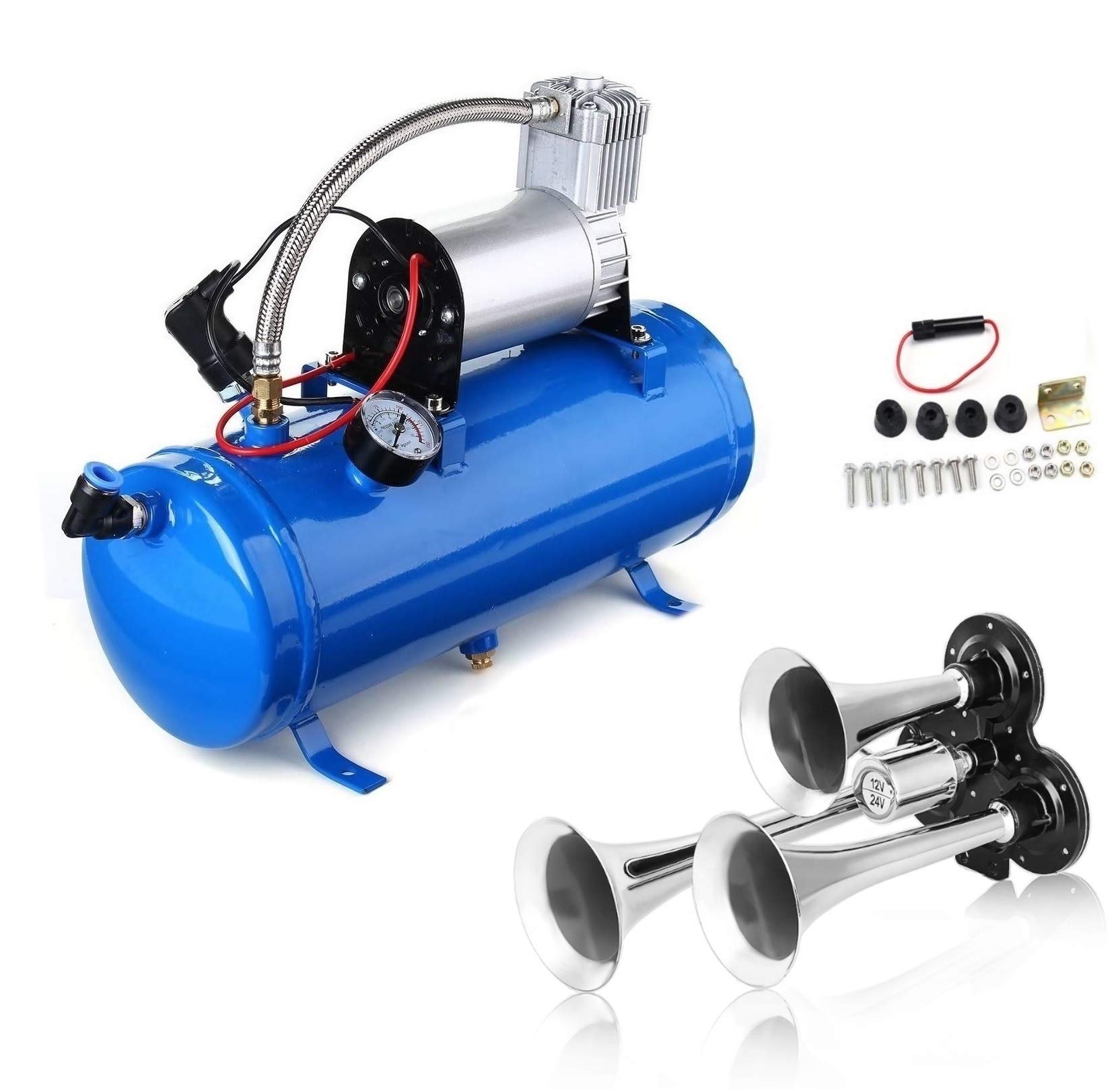 Kit Klaxon à Air Triple Trompe en Métal Chromé 130dB + Compresseur d'Air 12V 150psi / 10Bar avec Reservoir 6L Pour Camion Bateau Voiture SUV