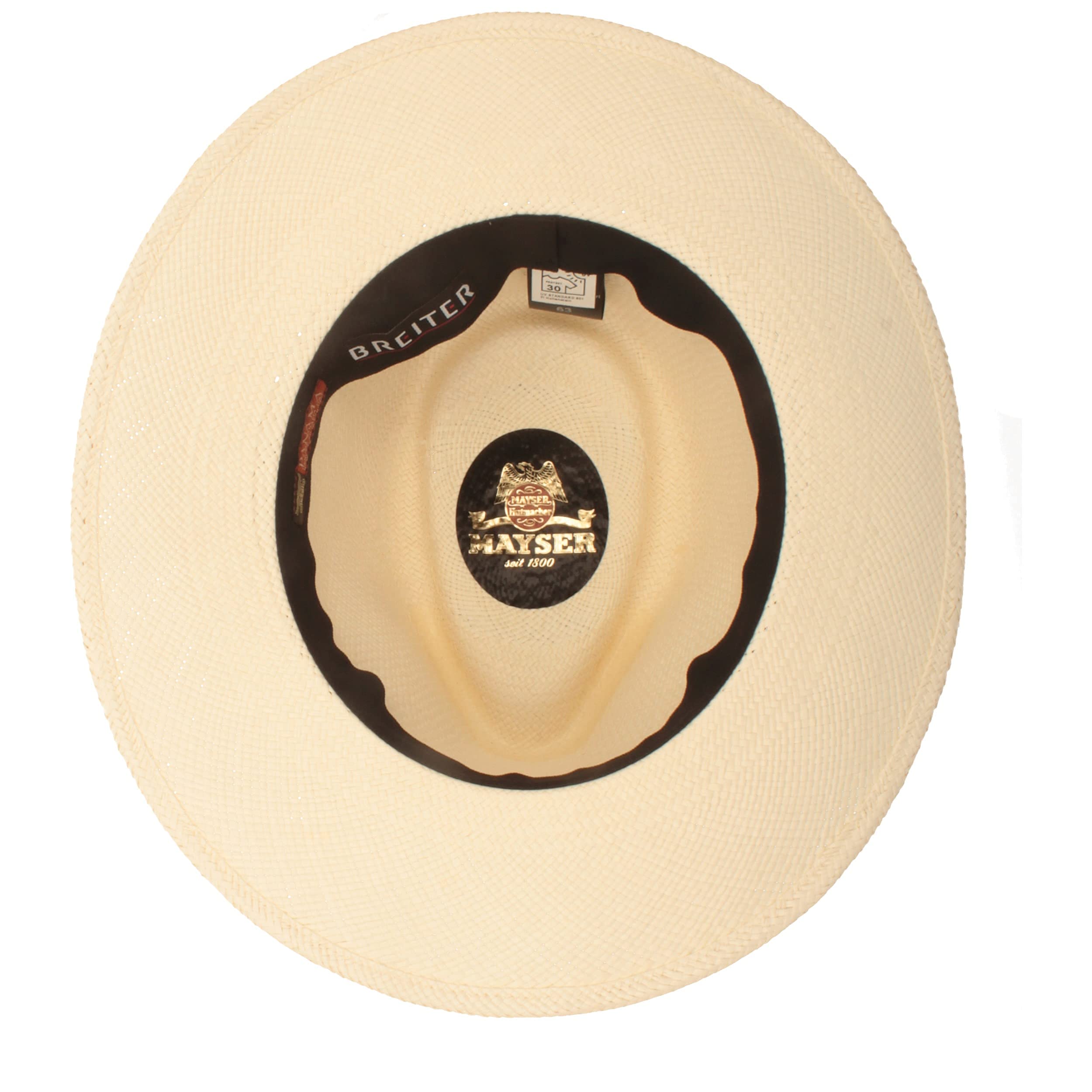 Mayser Original Panamá Sombrero de Paja de Ecuador, Sombrero de Verano Trenzado a Mano, protección UV 60 bwz. 80, Impermeable, antiroturas, Sombrero, Naturaleza - Correa Negra, 62