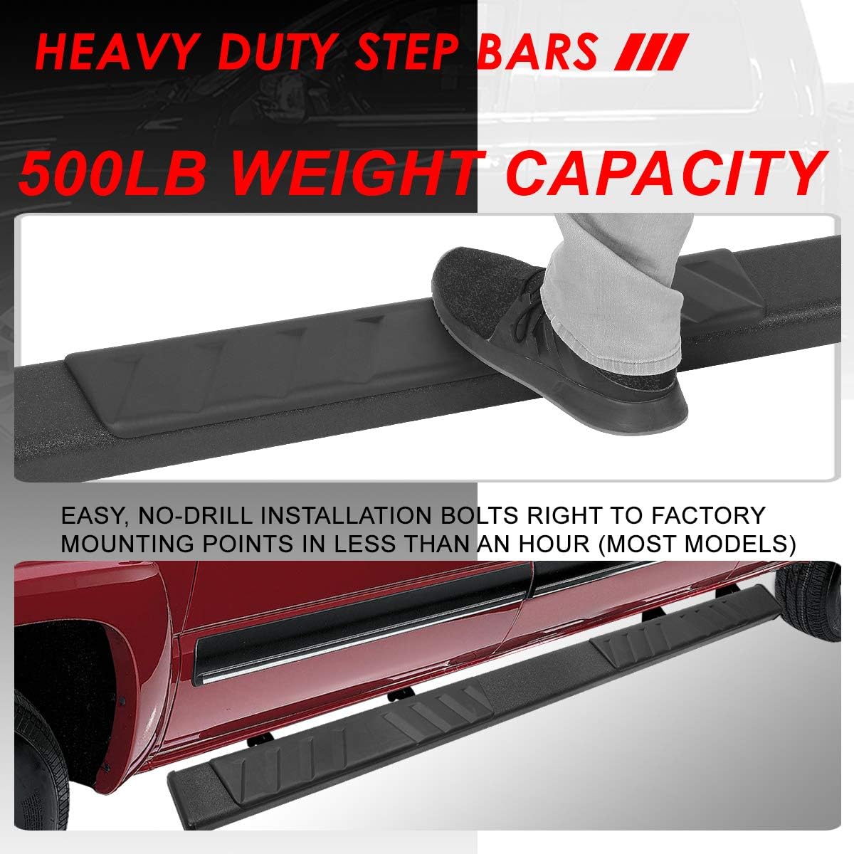 Auto Dynasty Flat Running Boards Compatible with 2009-2024 Dodge Ram 1500 2500 3500 Crew Cab, Stainless Steel Side Step Rail Nerf Bars, 5" Step Bars, Black Powdercoated