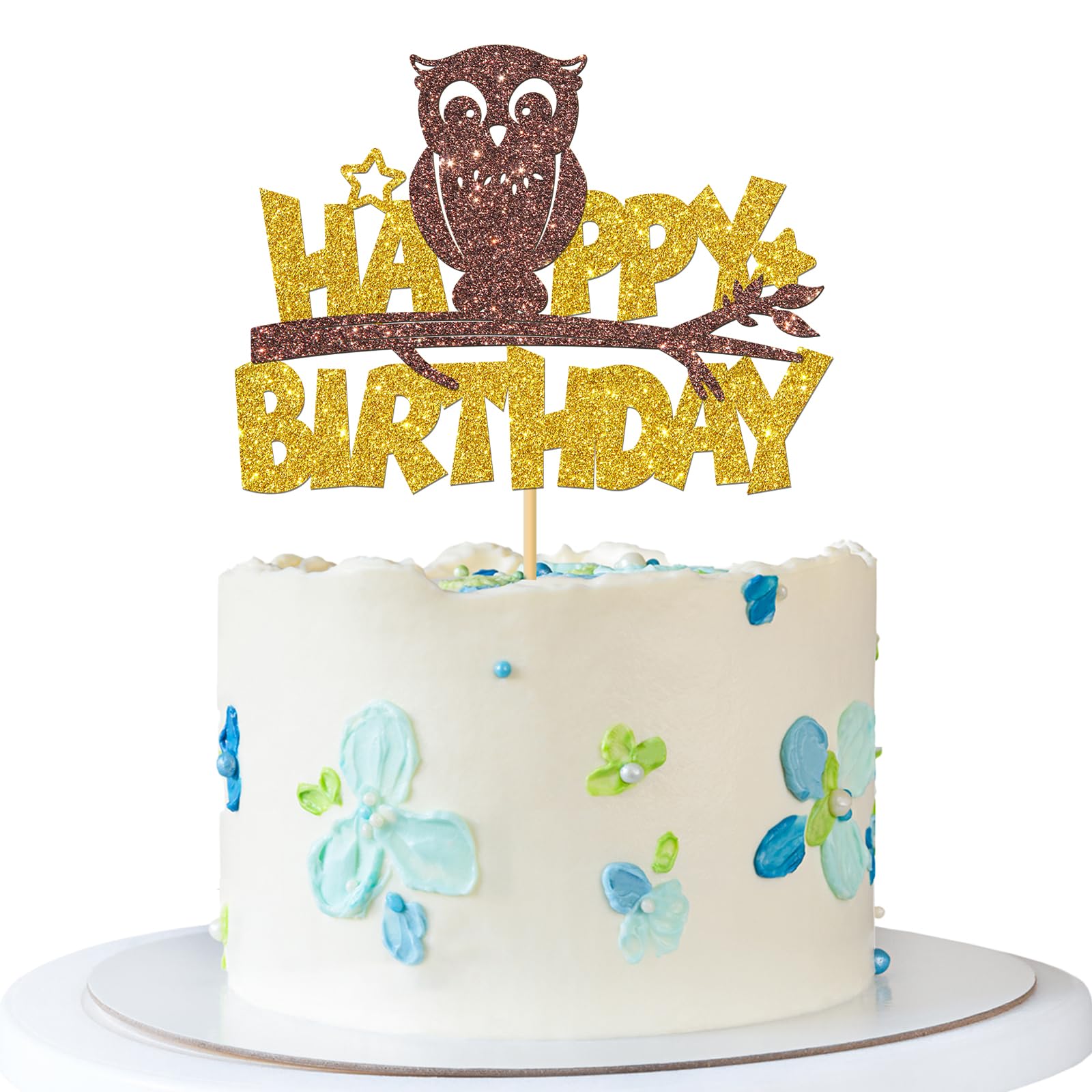 Owl Happy Birthday Cake Topper - Animal Birthday Cake Supplies - Baby Shower Kid Bday Party Decorations - Gold Glitter