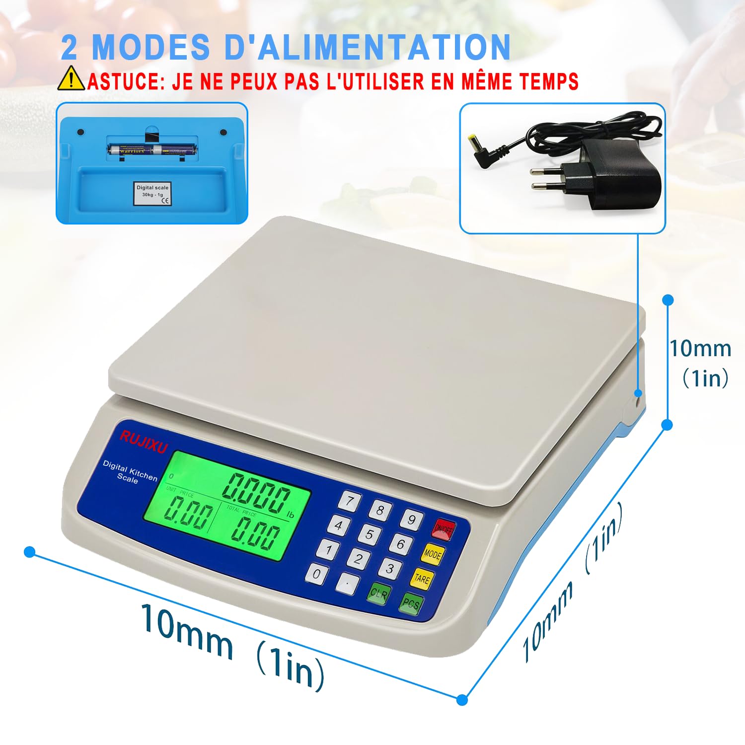 Balance de cuisine électronique 30 kg Balance alimentaire numérique avec écran LCD inclus adaptateur secteur 6 V (Size : 30kg/1g)