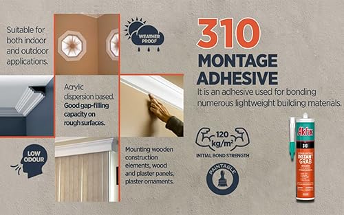 Miniatura 2 de Akfix Adhesivo de agarre instantáneo 310. Pintable. Se adhiere a madera, cocnrete, vidrio, granito, azulejos decorativos, color blanco, 10.1 onzas
