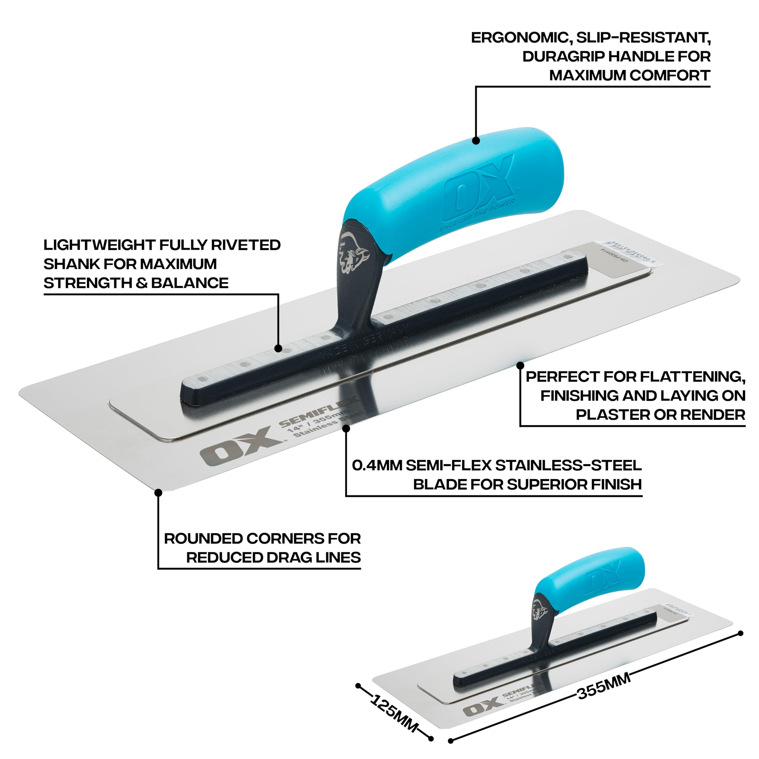 OX Pro Semi Flex Stainless Steel Trowel 14in / 355 x 125 mm