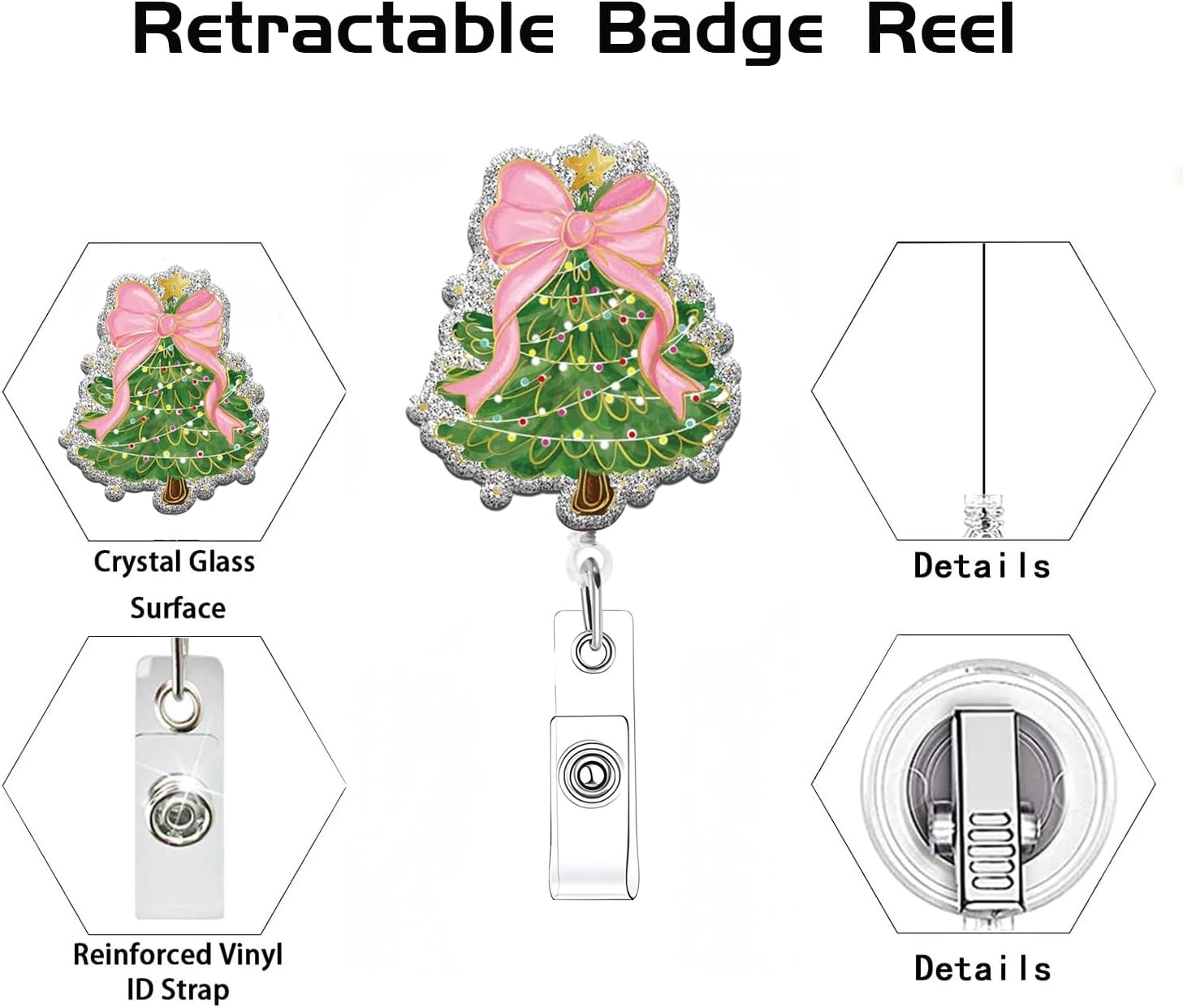 Christmas Badge Reel Retractable Christmas Tree Badge Holder Retractable Clip for Nurse Nursing Christmas Pink Bow Nurse Badge Reels Holiday Acrylic Alligator Clip for Doctor Teachers Office image 3