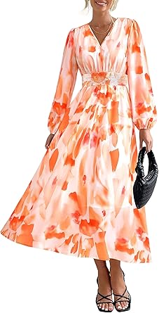 PRETTYGARDEN Women's Floral Midi Dress Casual Fall V Neck Long Sleeve Flowy Spring Beach Wedding Guest Vacation Dresses