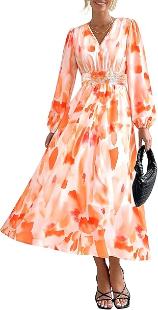 PRETTYGARDEN Women's Floral Midi Dress Casual Fall V Neck Long Sleeve Flowy Spring Beach Wedding Guest Vacation Dresses