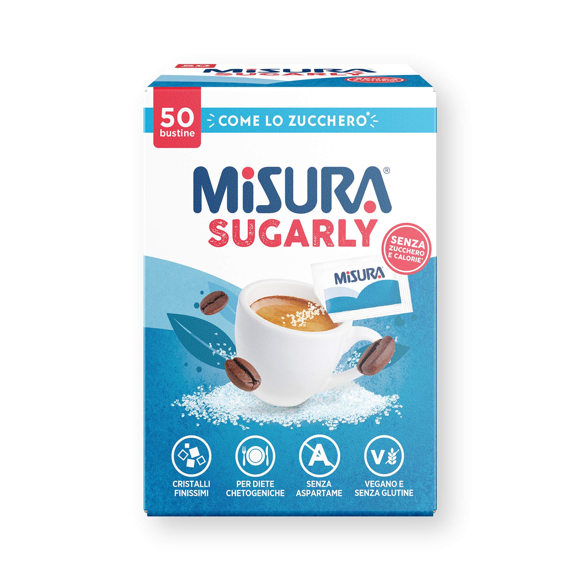 Misura Sugarly 50 Bustine, Dolcificante Senza Retrogusto, Zero Calorie, Cristalli Finissimi, Senza Aspartame, Senza Glutine, Vegano, Sostitutivo dello Zucchero, Multipack da 12x50 bustine