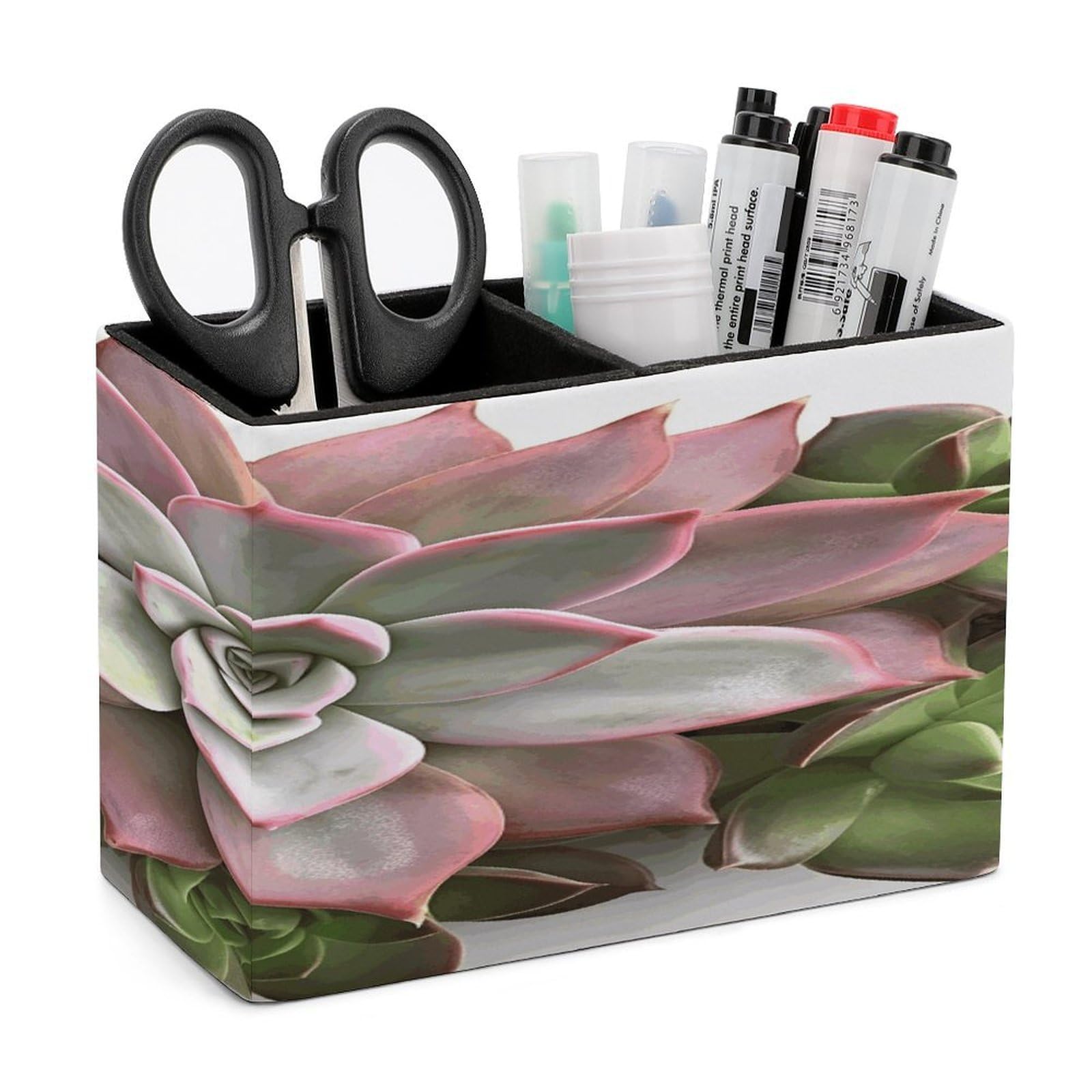 FodPand Succulent Botanical Leather Pen Holder for Desk Organizers Caddy Pencil Holder Multi-function Pen Organizer Large Makeup Brush Holders Pencil Cup for Home Office Storage Box