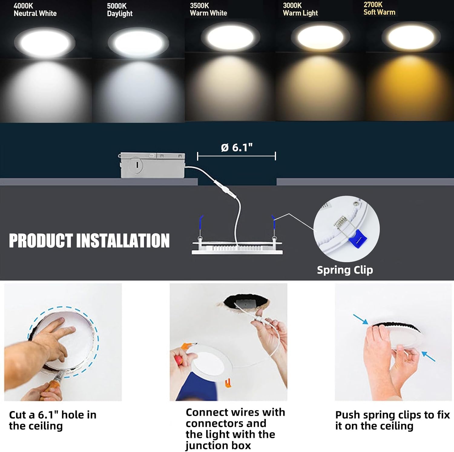 12 Pack 6 Inch 5CCT LED Recessed Ceiling Light with Night Light, 2700K/3000K/3500K/4000K/5000K Selectable Ultra-Thin Recessed Light, 12W=110W, 1050LM LED Recessed Light Dimmable, ETL Listed