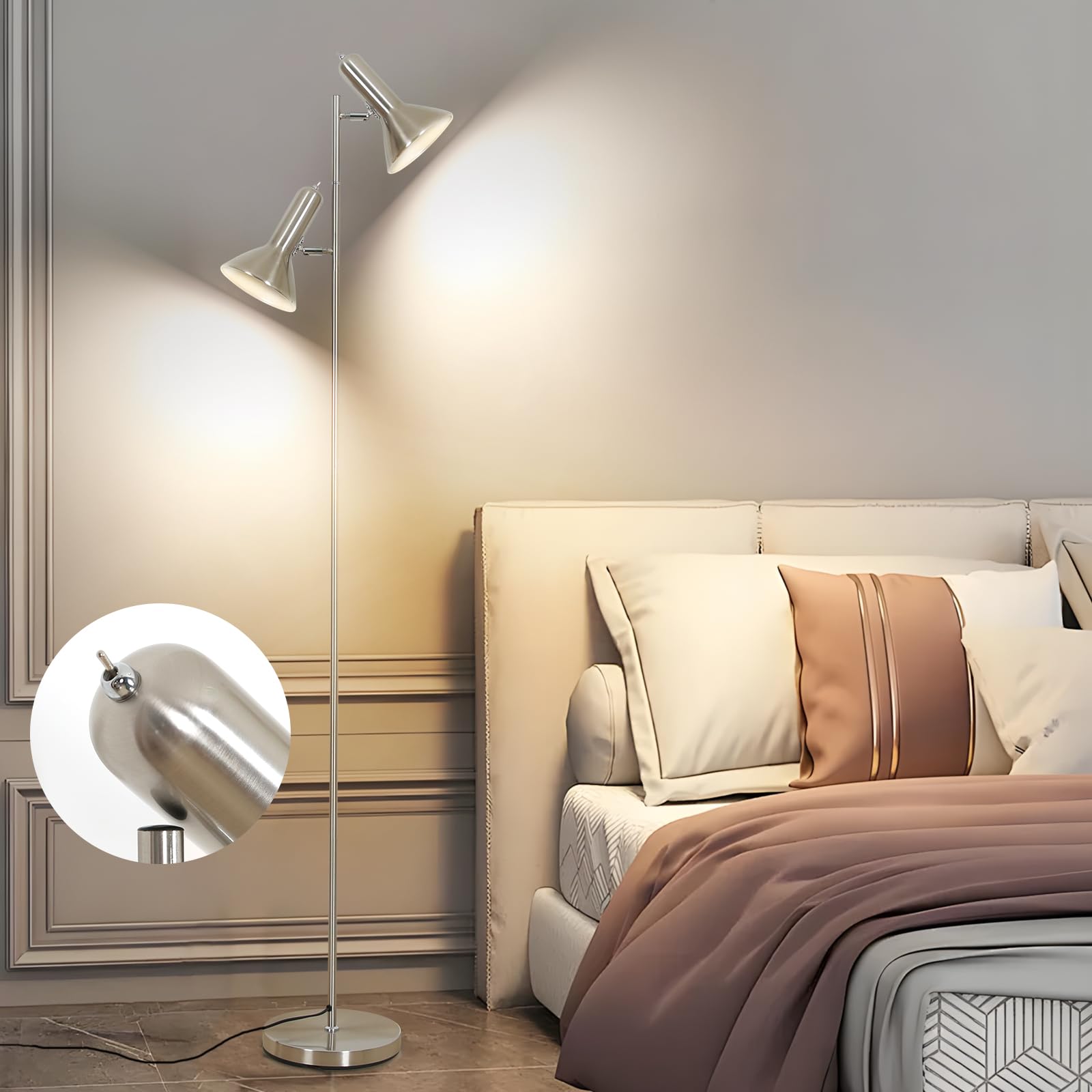 Lampa de Pie de Salotto DIYA-Nichel, 2x E27 MAX. 60W Floor lamp, Lampada da Terra Vintage altezza 272CM, Lampada da Terra Retrò in Metallo per Camera da Letto, Studio, Ufficio, Pianta