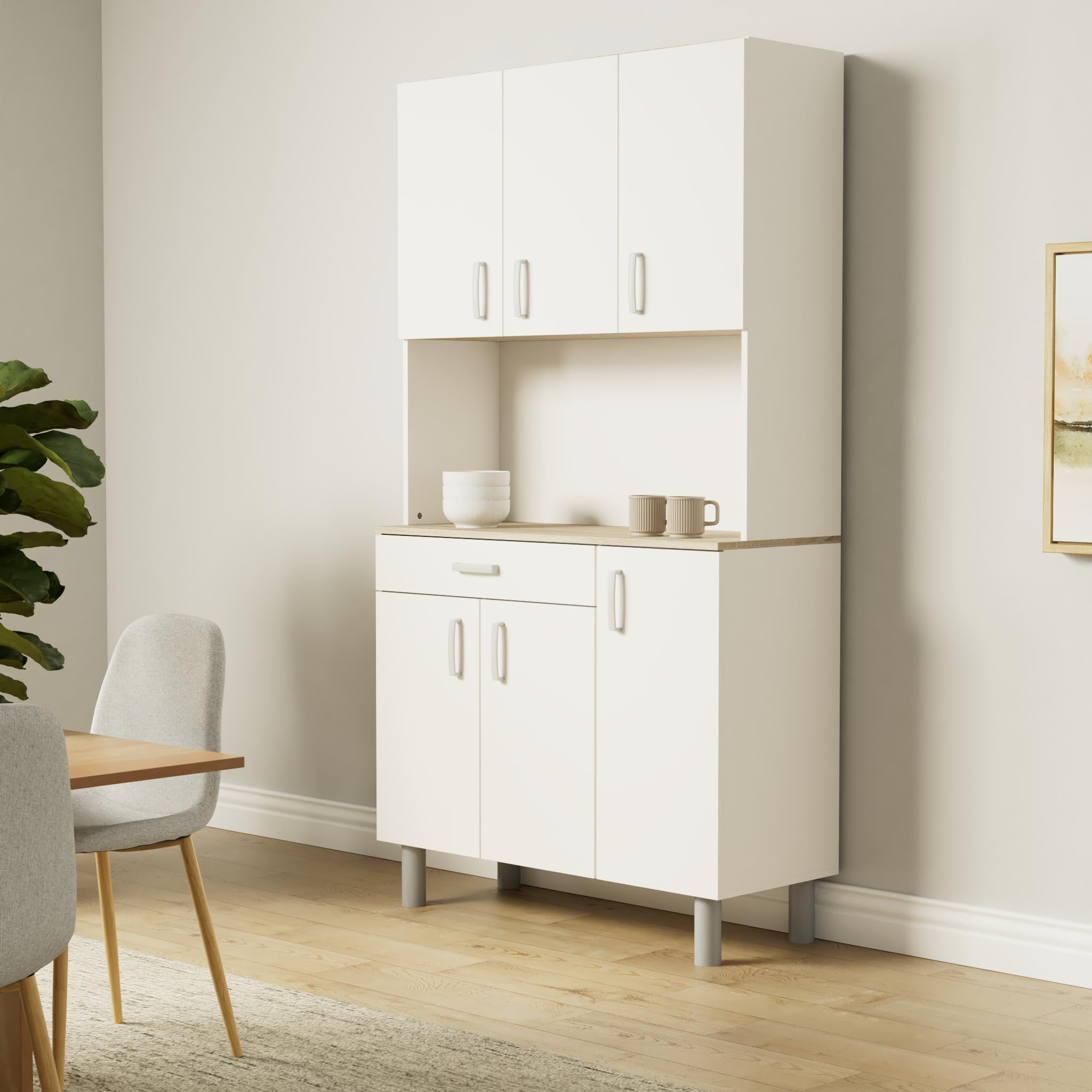 Miroytengo Mueble Auxiliar de Cocina, Buffet 6 Puertas Blanco y Roble Kronberg 101x185 cm