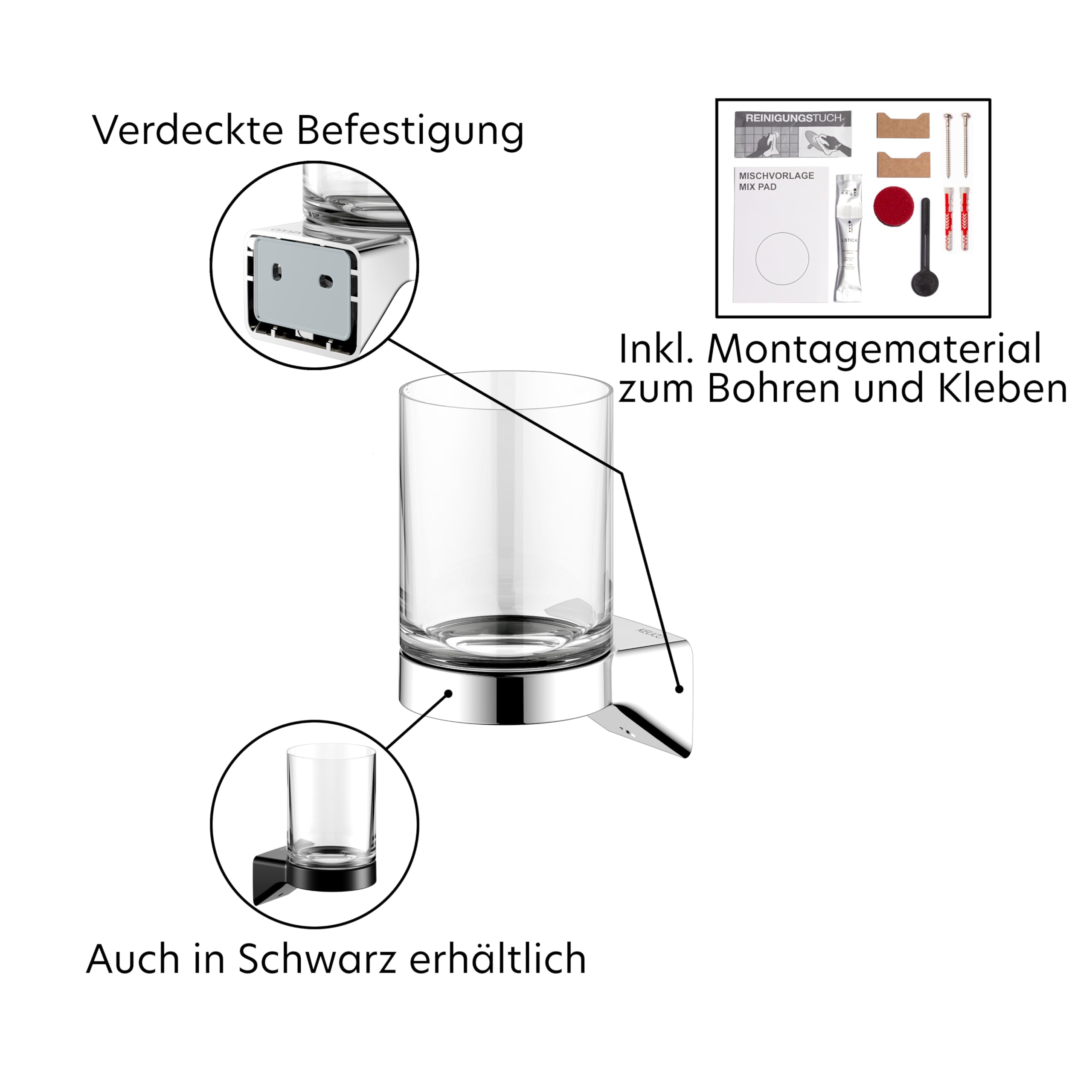 KEUCO Rose Zahnputzbecher aus Glas mit Halterung, ohne Bohren, verchromt | inkl. Klebeset und Schraubset, Glashalter aus Metall zum Kleben oder Schrauben
