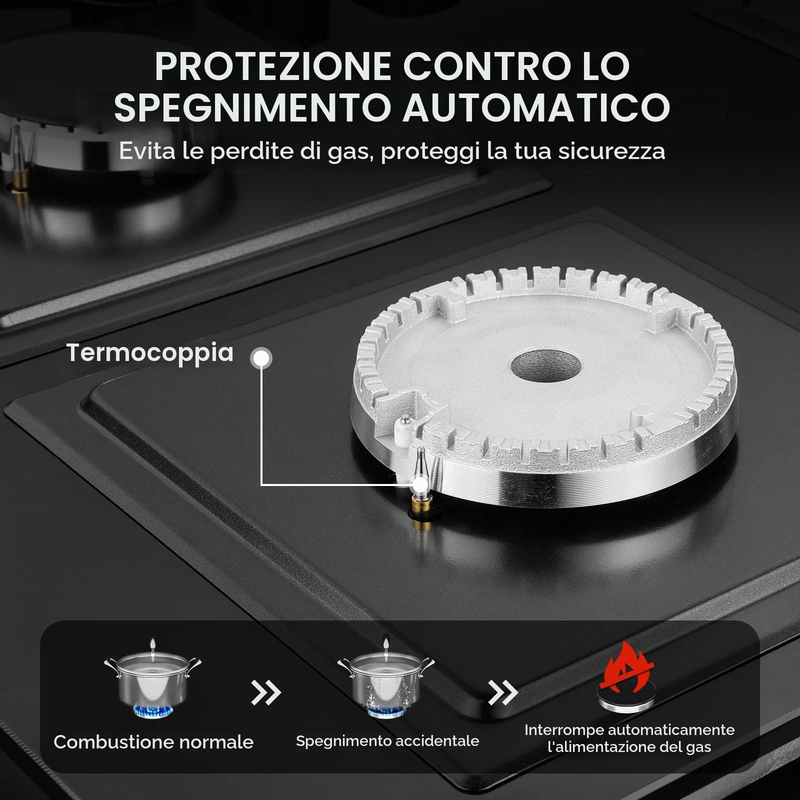IsEasy Piano cottura a gas 5 fuochi, da Incasso 73cm*48cm, 10500W, Protezione Flame-Out, Gas Naturale/Propano/Butano