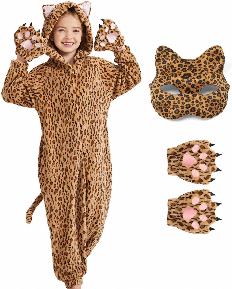 Ezuwail Kids Leopard Onesie Costume with Gloves Mask Halloween Cosplay