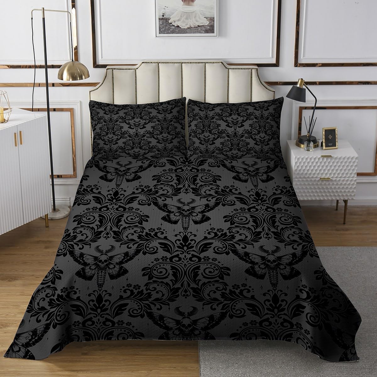 Homemissing Erwachsene Schwarz Vintage Damask Floral Cotton Steppdecke Oriental Antique Gotik Bohemia Boho Blumen Tagesdecke 240x260cm Gotik Schädel Bettüberwurf 3Stück