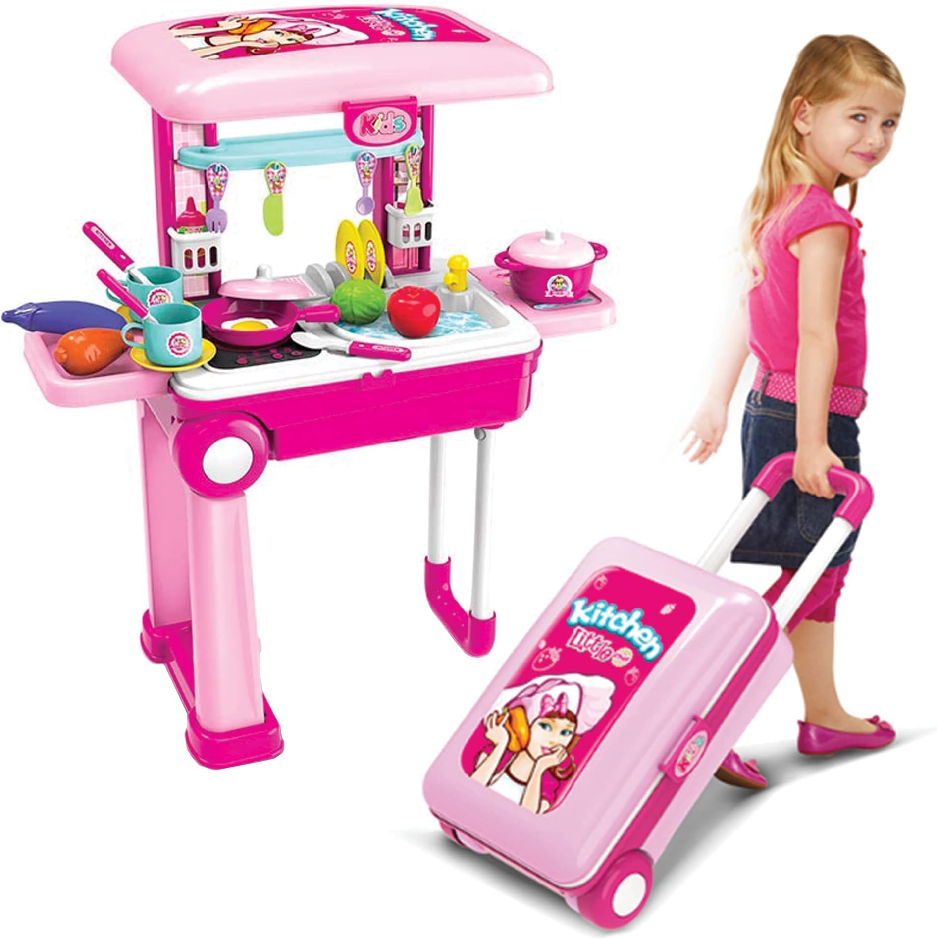 Pretend Play Kitchen Set for Kids | Little Chef Kids Kitchen playset with Accessories Pots, Pans, Dishes, Cups, Utensils, Food Toys with Adorable Travel Suitcase (Light & Sound) Boys & Girls Favorite
