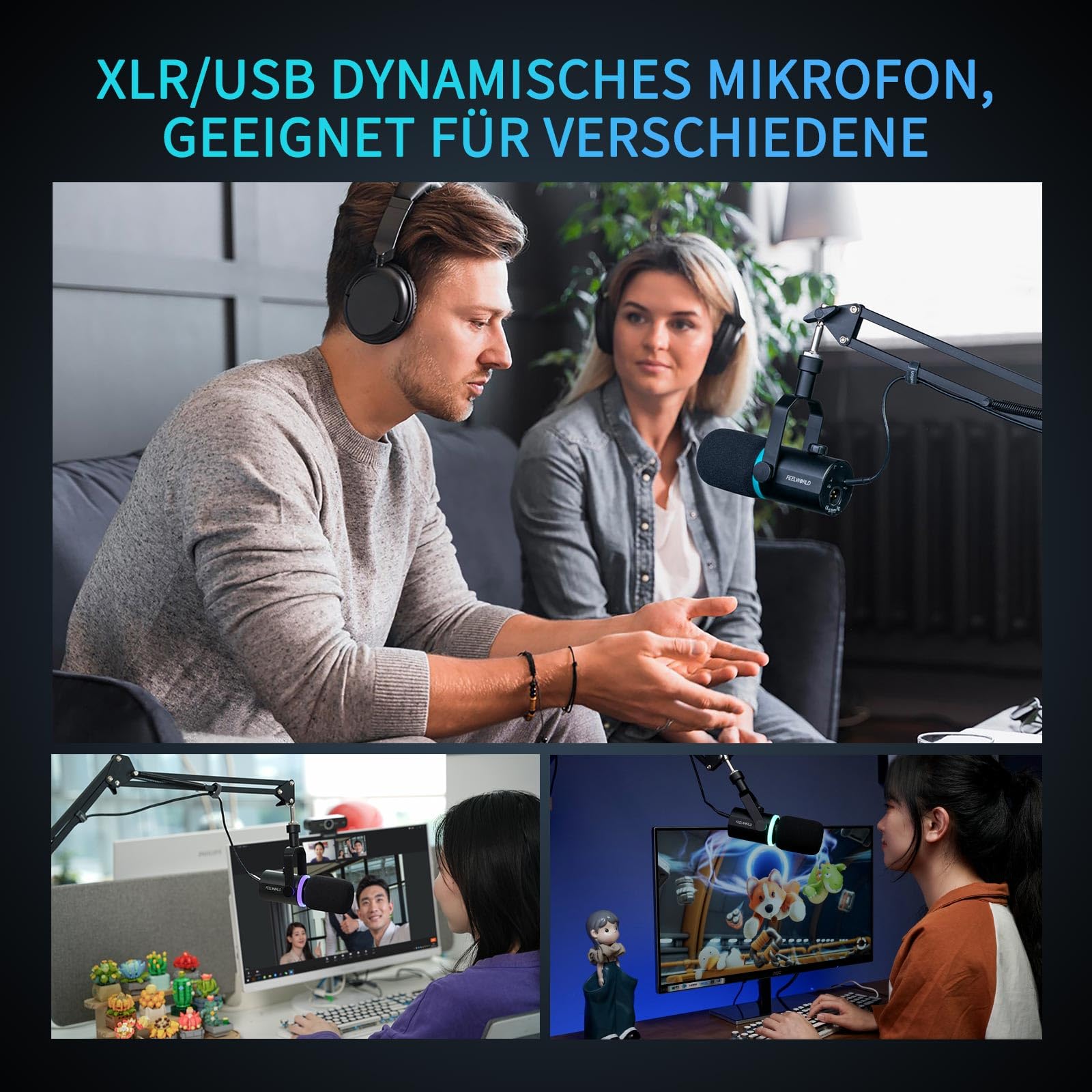 FEELWORLD PM1 XLR/USB Dynamisches Mikrofon für Podcast-Aufnahmen, Gaming-PC-Computer-Mikrofon mit RGB-Licht, Stummschaltung, Kopfhöreranschluss, Herzförmige Richtcharakteristik, für Studio YouTube.