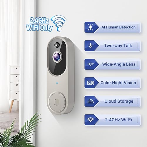 Miniatura 3 de Cámara de timbre de video inalámbrico de 1080p con visión nocturna, audio bidireccional y detección de movimiento AI, WiFi 2.4G, almacenamiento en