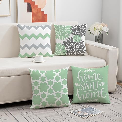 Miniatura 8 de Juego de 4 fundas de almohada verdes de 18 x 18 pulgadas, fundas decorativas para primavera y verano, para exteriores, diseño geométrico floral para