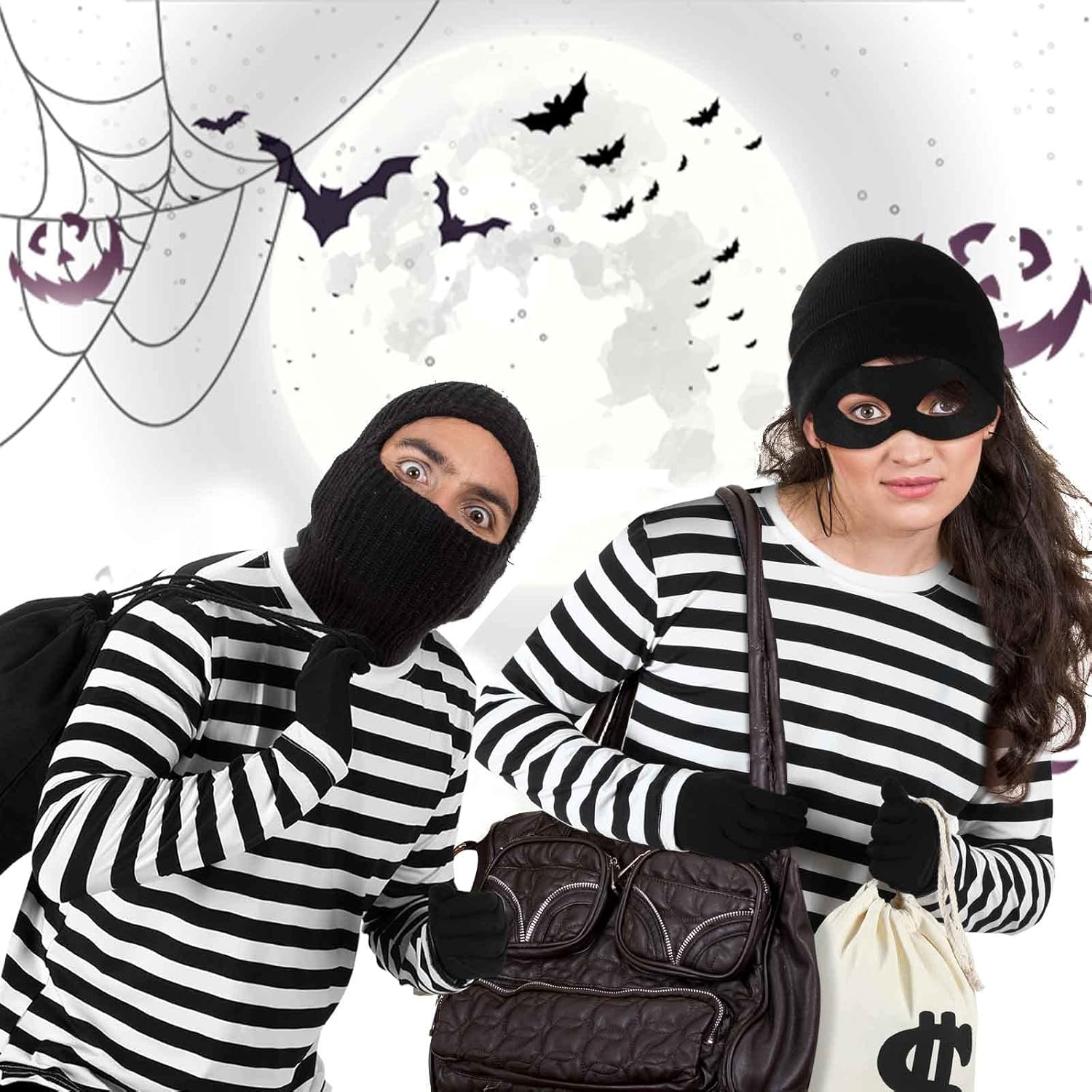Jiuguva 16 Pieces Halloween Robber Costume Set Black and White Striped Tee Shirt Canvas Bag Gloves Eye Patch and Beanie Cap Thief Accessories for Halloween Bank Police Robber Theme Party Favors - Image 2