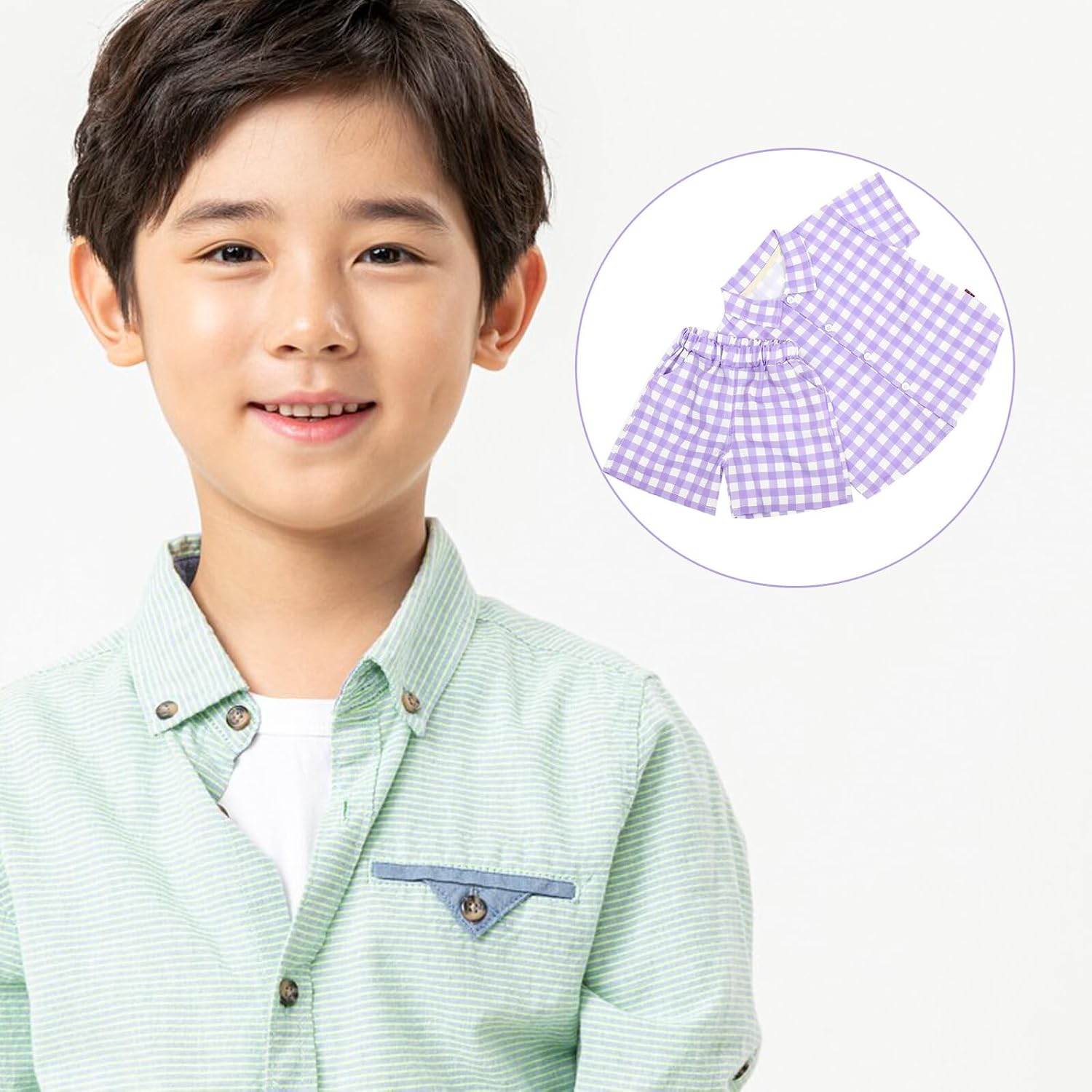 Short Sleeve Shirt Set Summer Lightweight Cotton Plaid Shirt and Pants Outfit for Boys and 100cm Purple Clothing Suit
