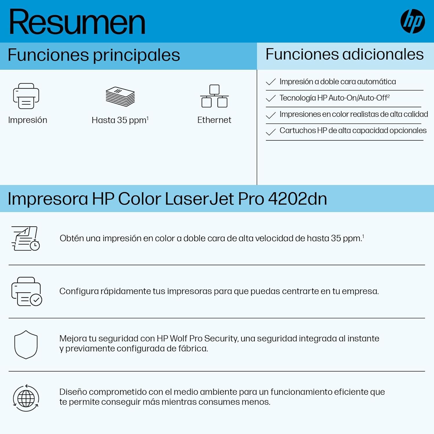HP Color LaserJet Pro 4202dn 4RA87F, Impresora de Función Única A4, Impresión Automática Dúplex, 33 ppm, USB, USB Host, Ethernet, HP Smart, Azul