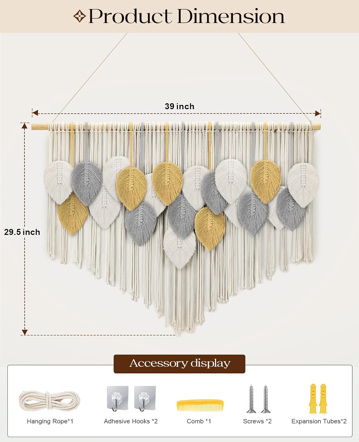 Tempospark Large Macrame Wall Hanging, 39" Wx29 L Boho Wall Hanging, Boho Chic Leaves Tassels Tapestry for Bedroom, Living Room, Dining Room, Nursery, Hallway, Balcony