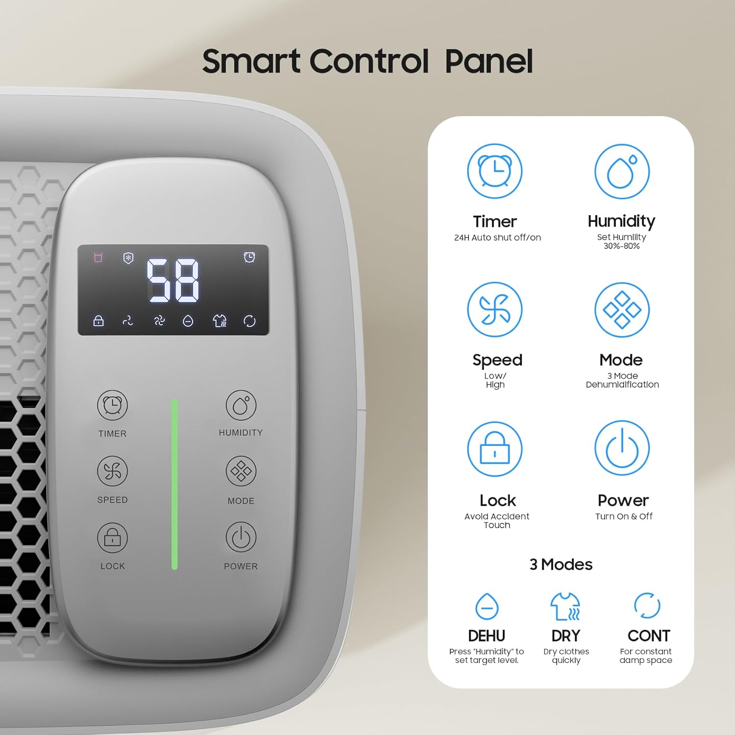 Close-up of the ANDTE Dehumidifier's smart control panel.