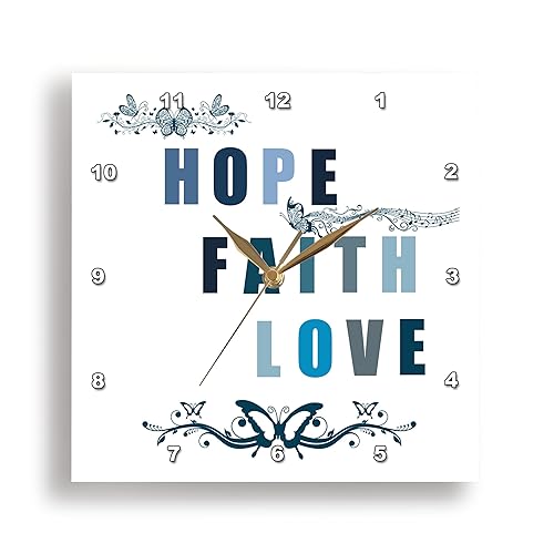 3dRose Wall Clock Silent - 13 inch - Hope, Faith and Love Blue Butterflies Inspirational Art - PS Inspirations