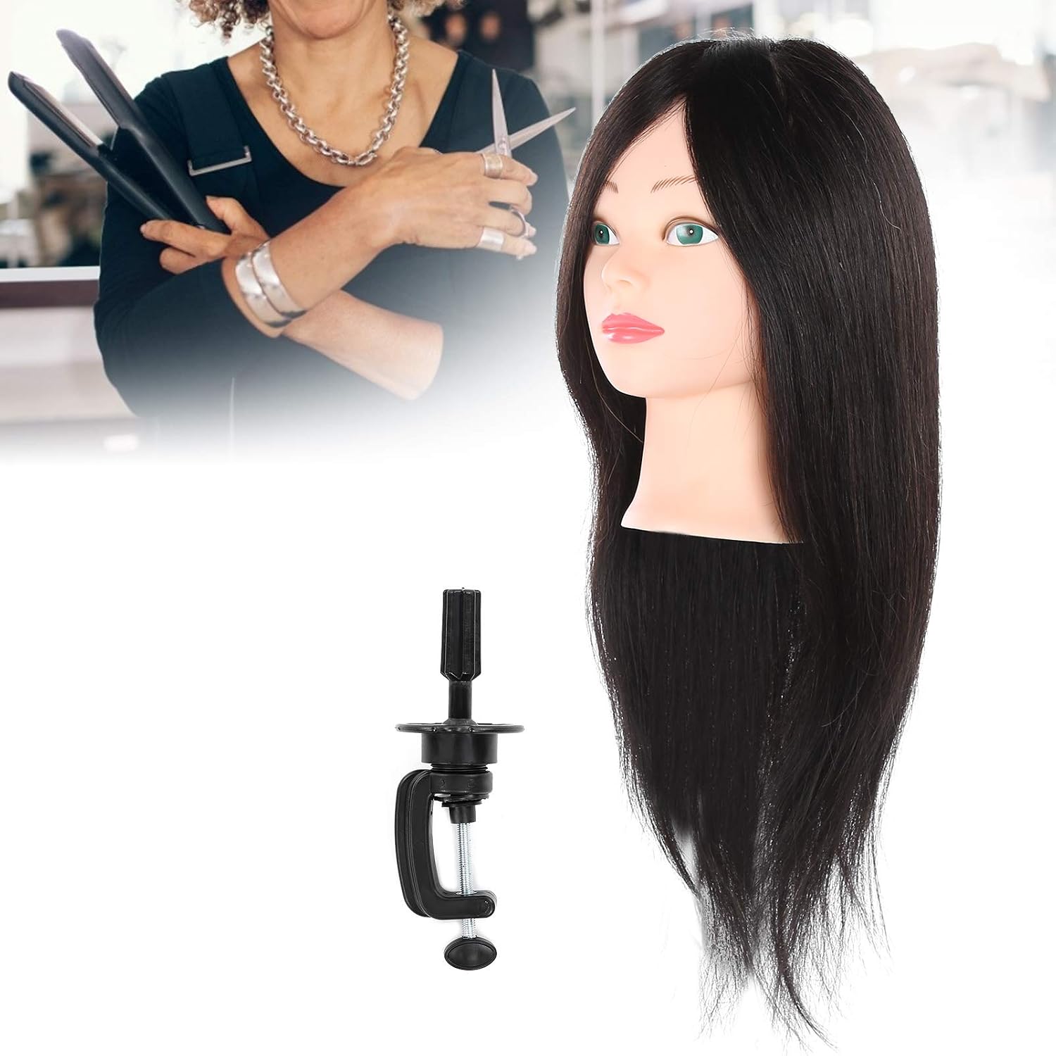 Real Hair Mannequin Head, Human Hair Training Head for Styling Practice with Clamp Holder for Hairdressers Barber Shops Beauty School Students