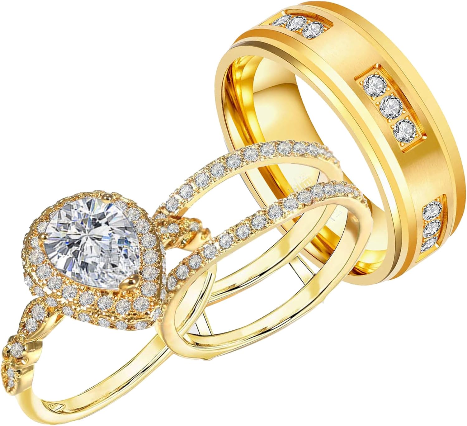 1CT CZ Wedding Ring Set for Women & Men Yellow Gold Plated Bridal Couple Rings Tungsten Ring Wedding Band