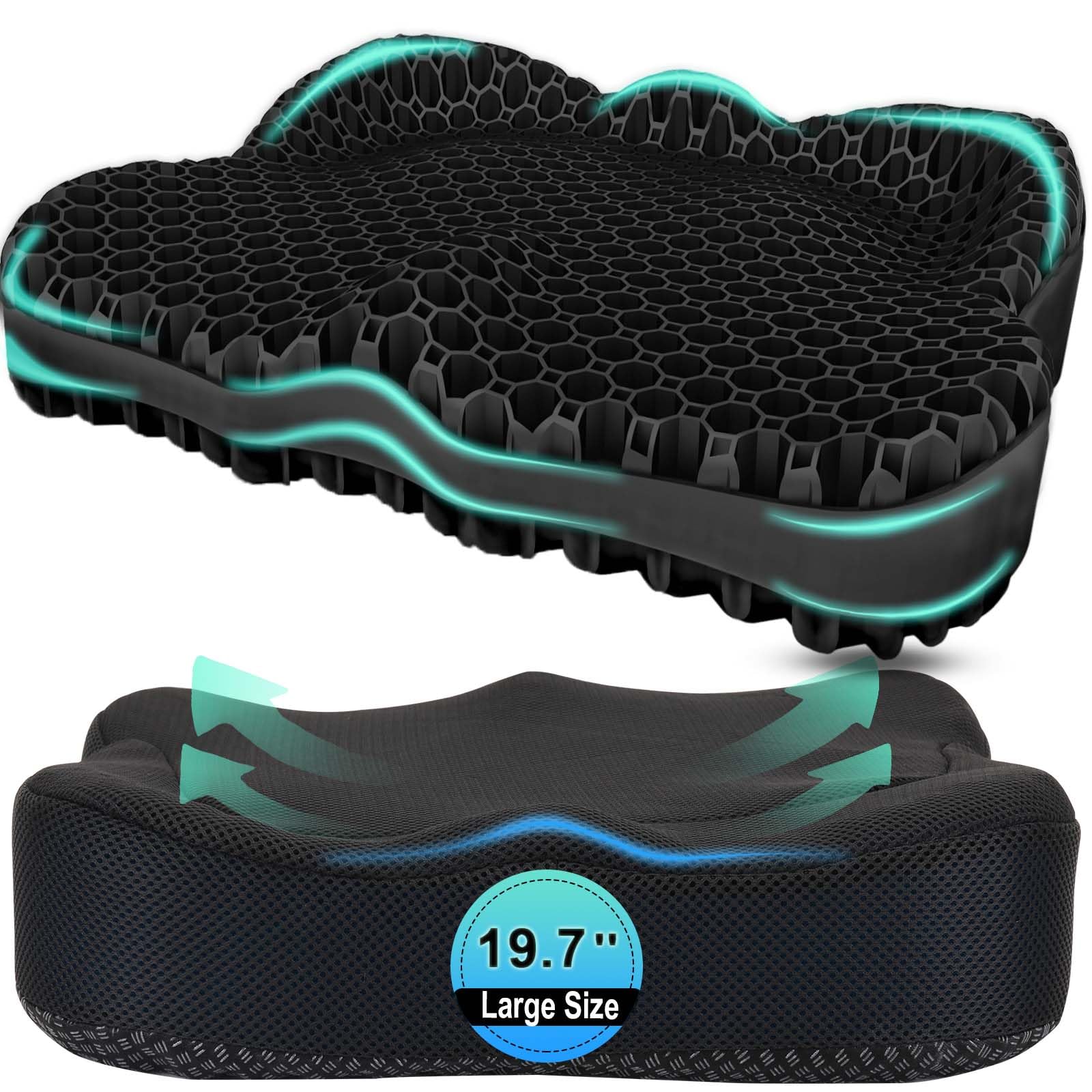 Thicken 19.7in Seat Cushion, Gel Seat Cushion for Long Sitting–Office Chair, Wheelchair, Car Cushion, Large Cooling Pad for Back Pain, Sciatica, Tailbone Pain Relief