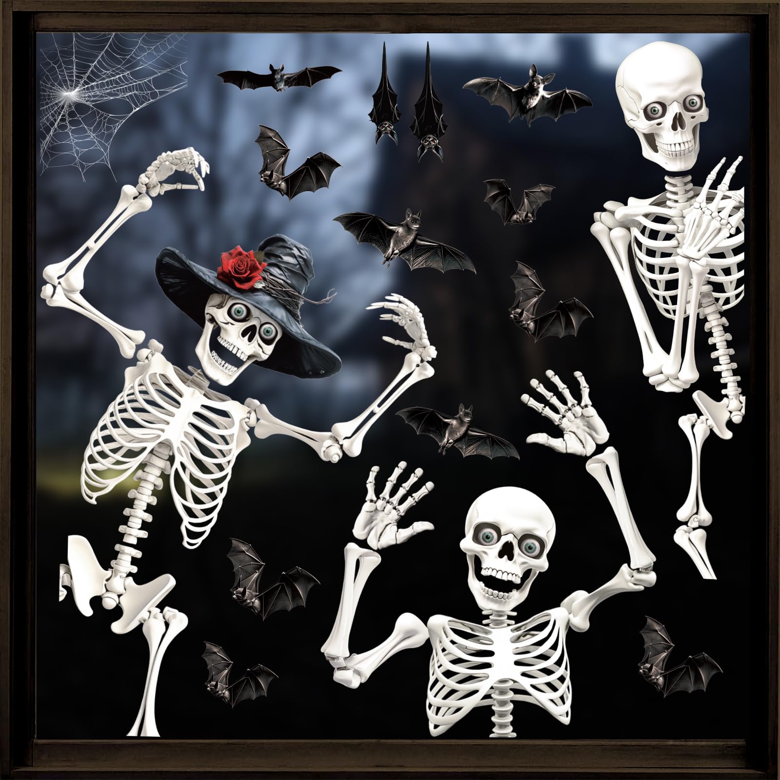 Autocollants Halloween Squelette pour Grandes Fenêtres - 4 Feuilles Réutilisables