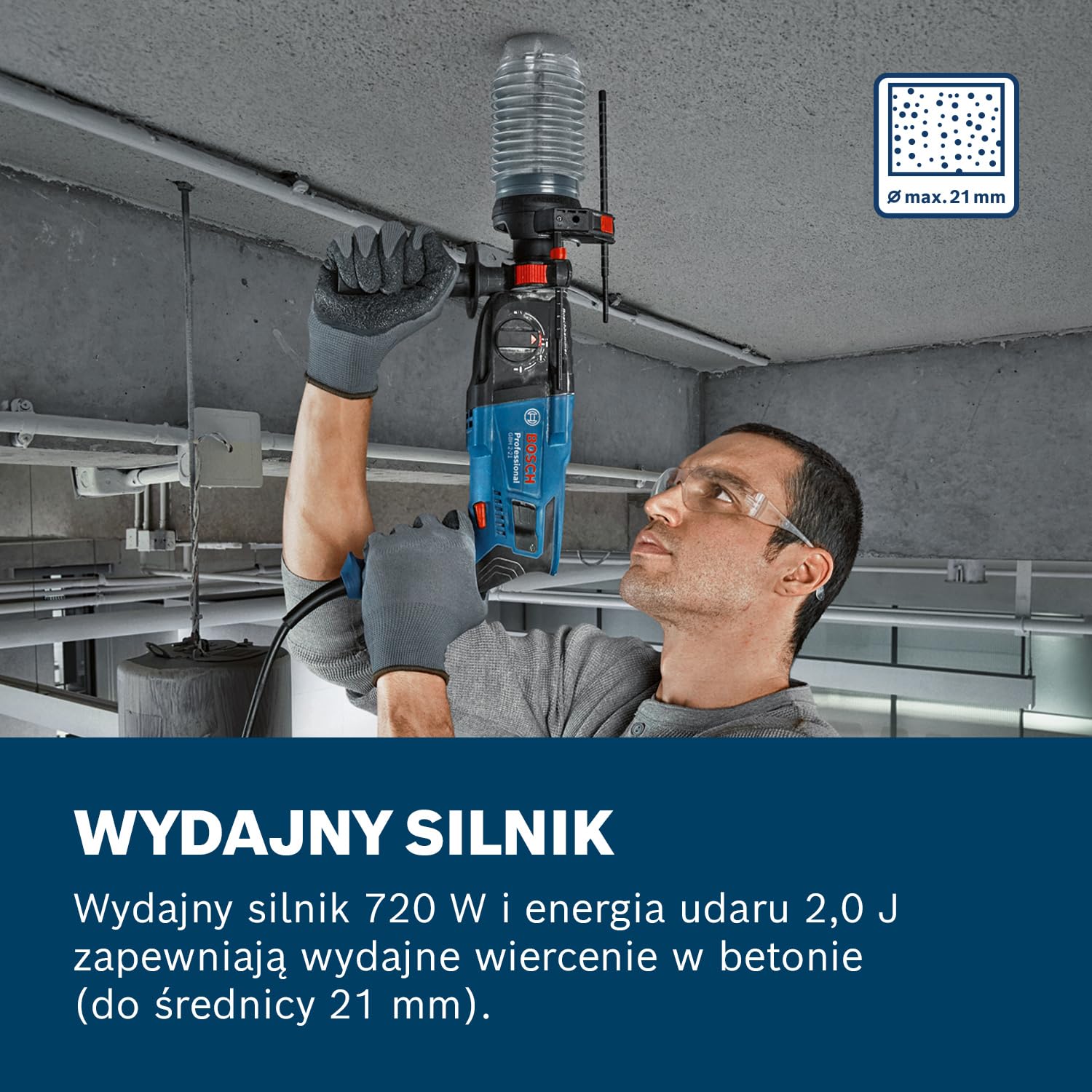 Bosch Professional Młot udarowo-obrotowy GBH 2-21 (z SDS plus, w zestawie szybkozaciskowy uchwyt wiertarski z adapterem SDS plus, dodatkowy uchwyt, ściereczka do maszyny, ogranicznik głębokości,