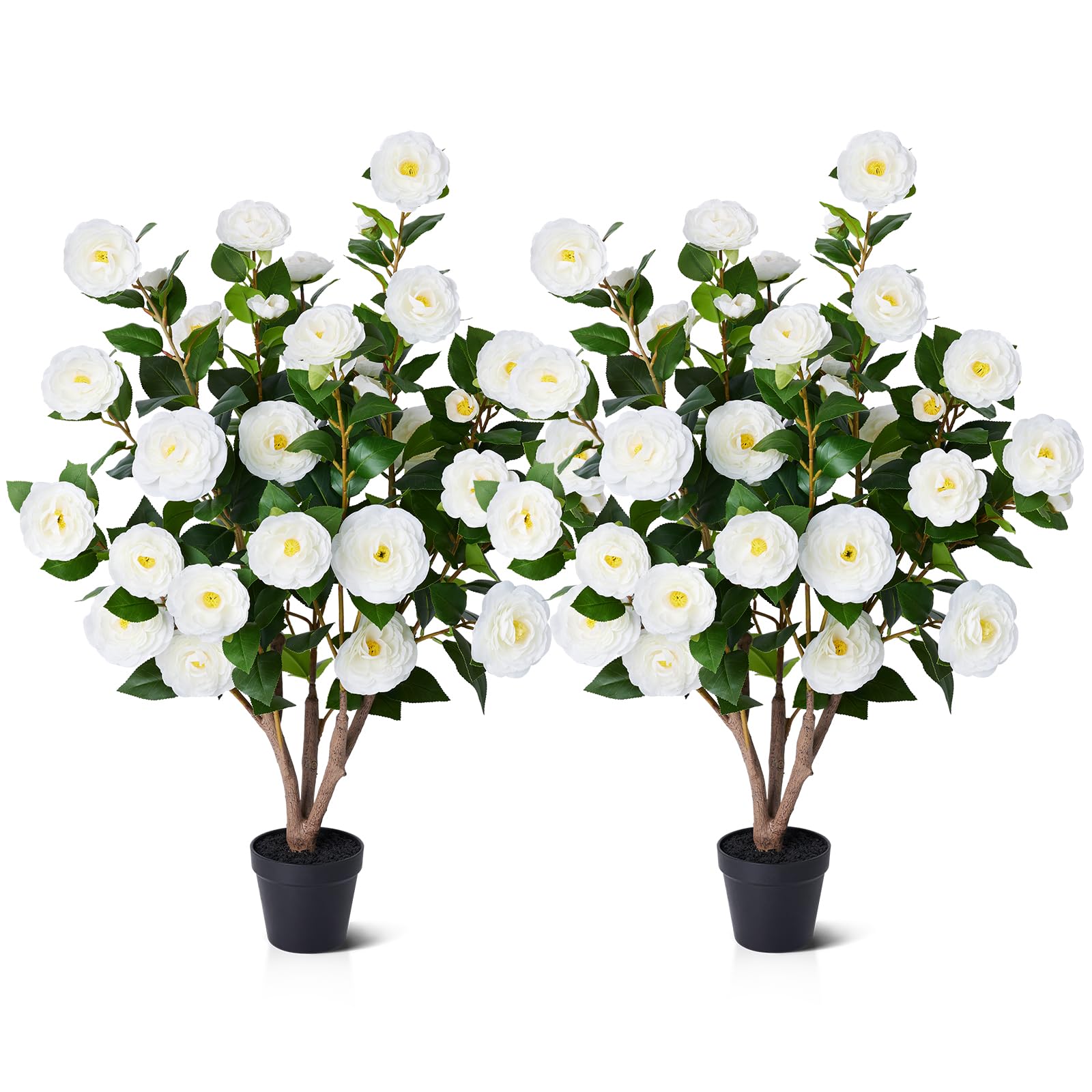 Verinatural Artificial Plants Outdoor 90cm Set of 2 White Camellia Faux Tree with 36 Fake Flowers & 261 Silk Leaves UV Resistant Decorative Plastic Pots – Indoor Home Front Door Garden Decor