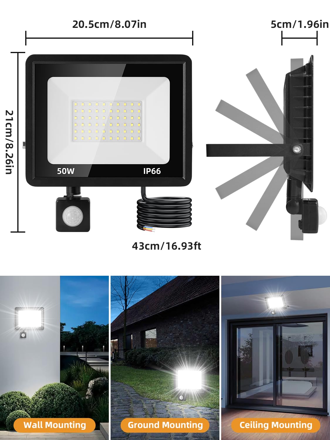 Luce Sicurezza Esterno Faretto LED Esterno 50W 6000K Bianco Freddo - 5000LM, IP66 Impermeabile, Super Luminoso Per Sicurezza Giardino Illuminazione Sicurezza - Foto 10