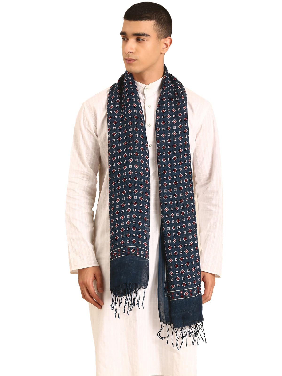 linen club Unisex Linen Stole Geometric Dark Indigo (Size:Free Size)-picture-20