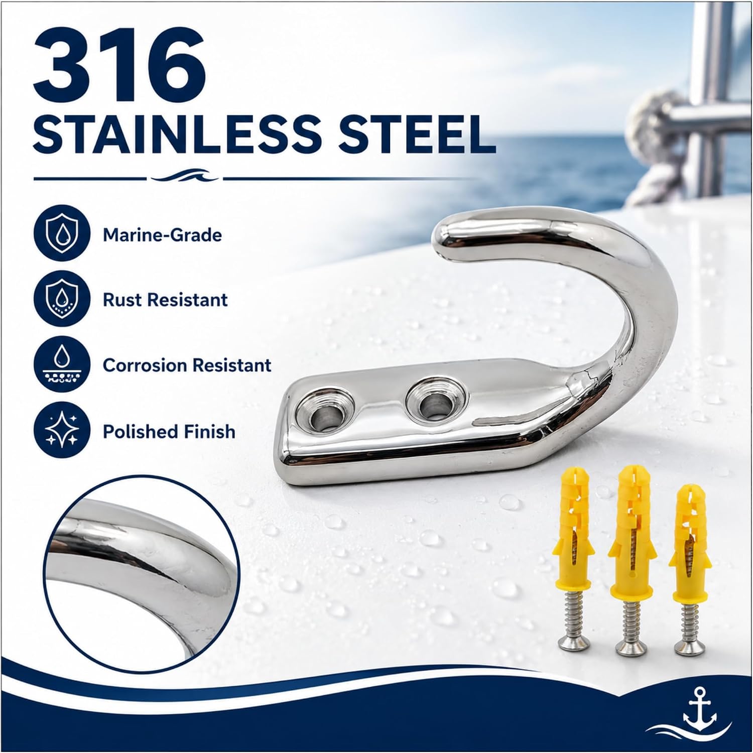 12 Pcs 2 Inch Boat Hook Holders, Stainless Steel 316 Line Holder | Heavy Duty, UV Resistant Marine Hooks, Saltwater Resistant Hardware, Kayak Rope Storage, Boat Cleat Organization