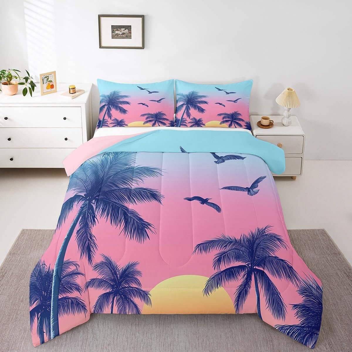 Tropical Comforter Set Twin Size,Coconut Tree Bedding Set 2Pcs for Kids Girls Boys Adult Room Decor,Coastal Beach Life Quilt Set Romantic Pink Blue Sunset Scenery Duvet Insert,1 Pillowcase