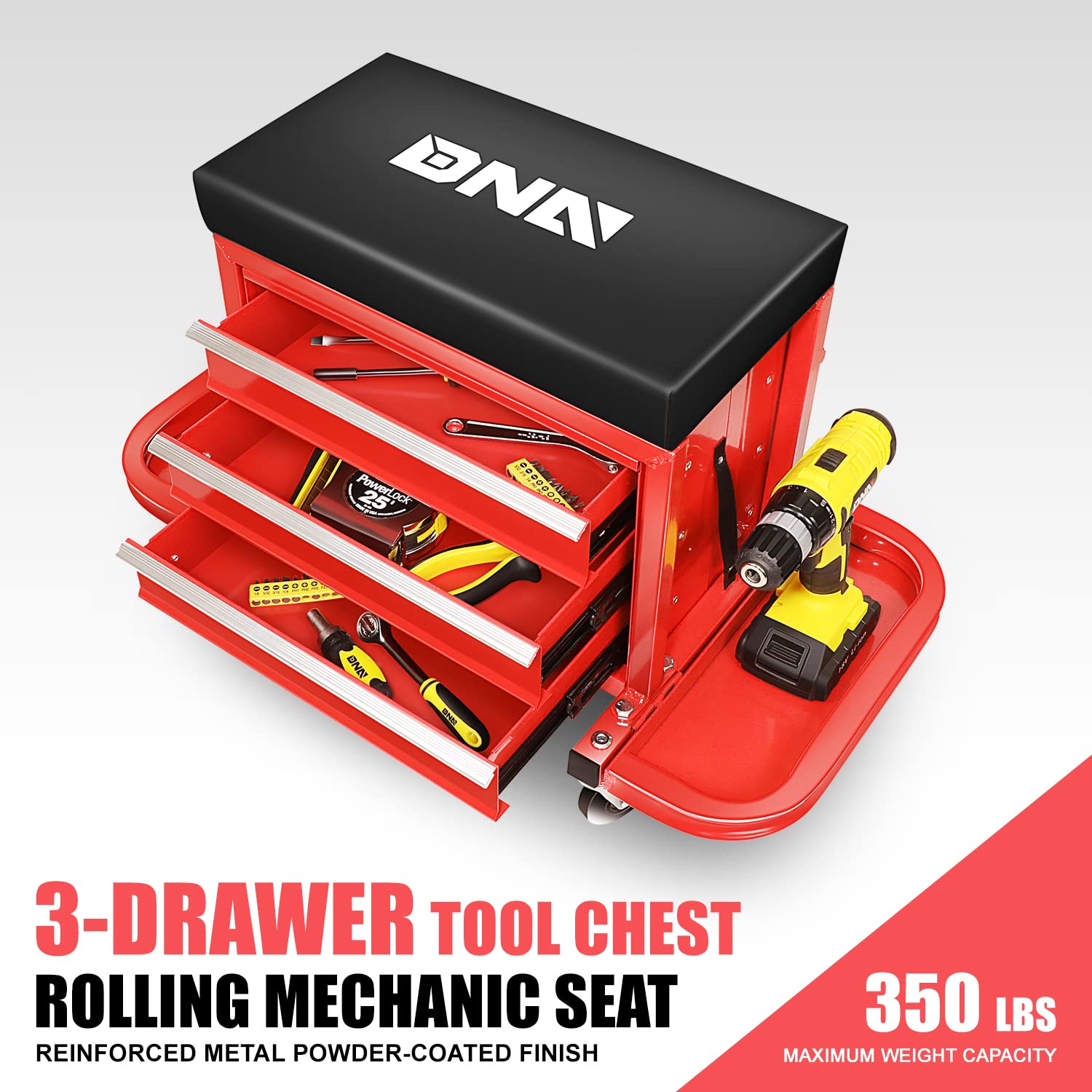 DNA MOTORING TOOLS-00261 Mechanikersitz mit 3 Schubladen, Rollstuhl mit Werkzeugablagen, max. Tragkraft 158,8 kg, Metall, Rot/Ausflug, einfarbig (Getaway Solids)