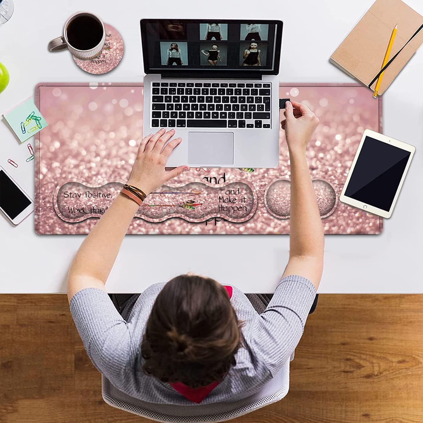 Large Gaming Mouse Pad,Extended Office Desk Mat,Waterproof Desk Writing Pad for Home Ergonomic Mouse &Keyboard Wrist Rest,Work Hard Inspirational Quotes Laptop Desk Pad Pink Mousepad Wrist Support