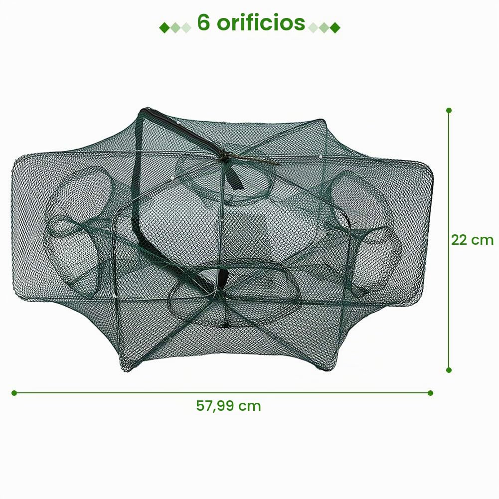 Red de Pesca con 6 Agujeros para cangrejos y Peces pequeños, Trampa de Malla Resistente para Pesca Artesanal