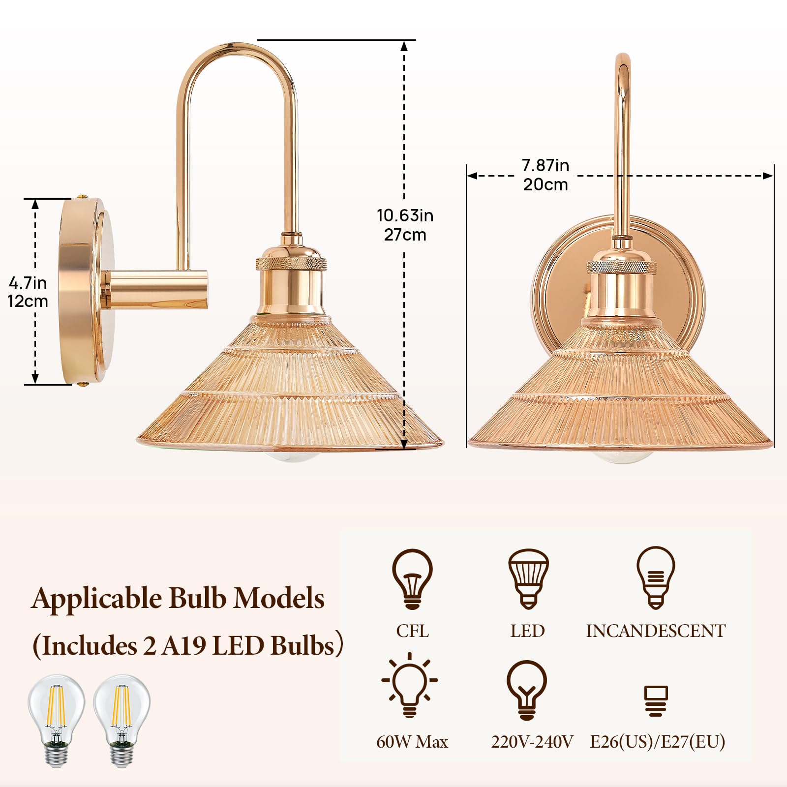 Wandleuchte Set 2-tlg, Goldfarben Vintage Wandlampe mit Rundem Bernsteingelben Glasschirm, Festverkabelte Wandleuchten für Schlafzimmer, Badezimmer, Wohnzimmer | Inkl. 2 LED Birnen