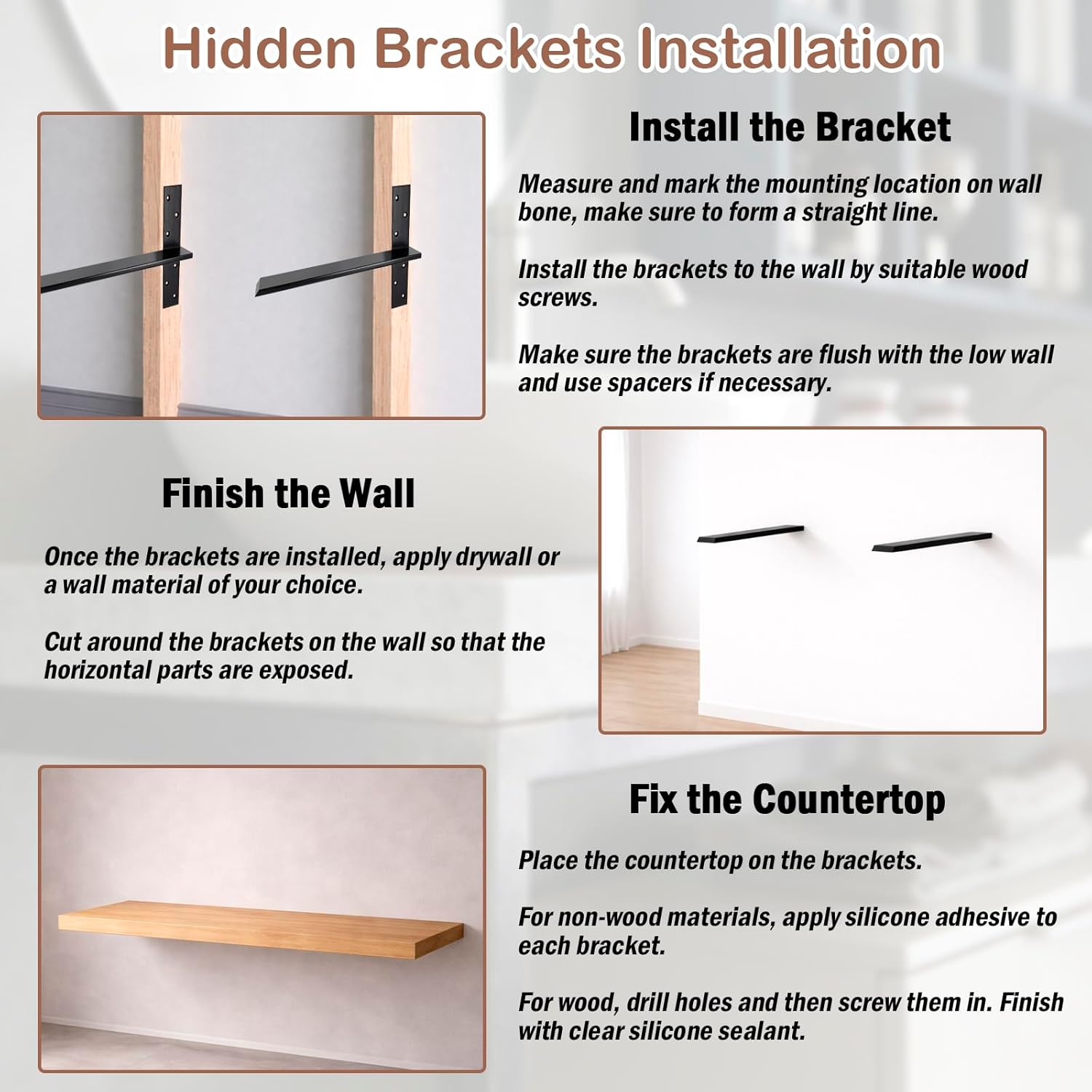 18 Inch Free Hanging T Shelf Bracket Holds 350lbs, 1/2'' Thick x 2.5'' W Floating Bench Bracket Heavy Duty, Hidden Countertop Support Brackets for Bathroom Granite Kitchen Bar Desk Garage, 2 Pack