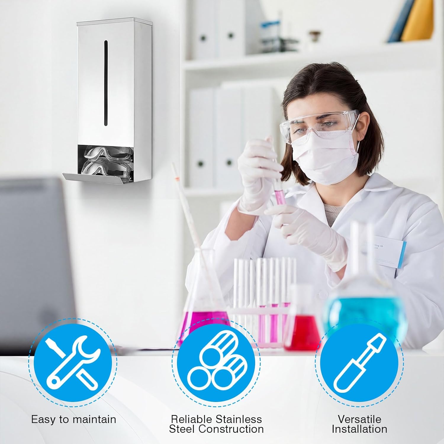 Stainless Steel Safety Glasses Dispenser with Lid, Wall Mount, Countertop, 16 x 6.75 x 5.75 Inches Dustproof Safety Glasses Holder Case for Lab Industrial Factory Protective Eyewear Goggles