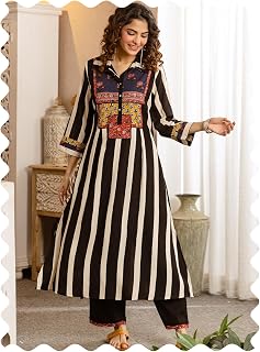 INDO ERA Women's Viscose Rayon Striped Printed Straight Calf Length Kurta & Palazzo Set (IEOUT12413) Price In India