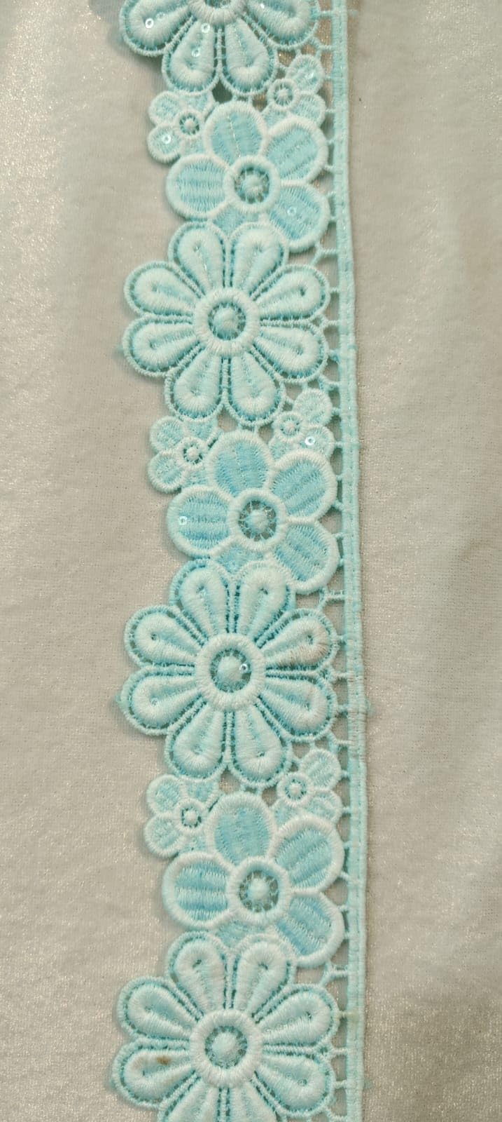 Floral Embroidered Lace Trim with Pearl Embellishments, Aqua Blue, Polyester, 5cm x 91.44cm, Pack of 3Metre