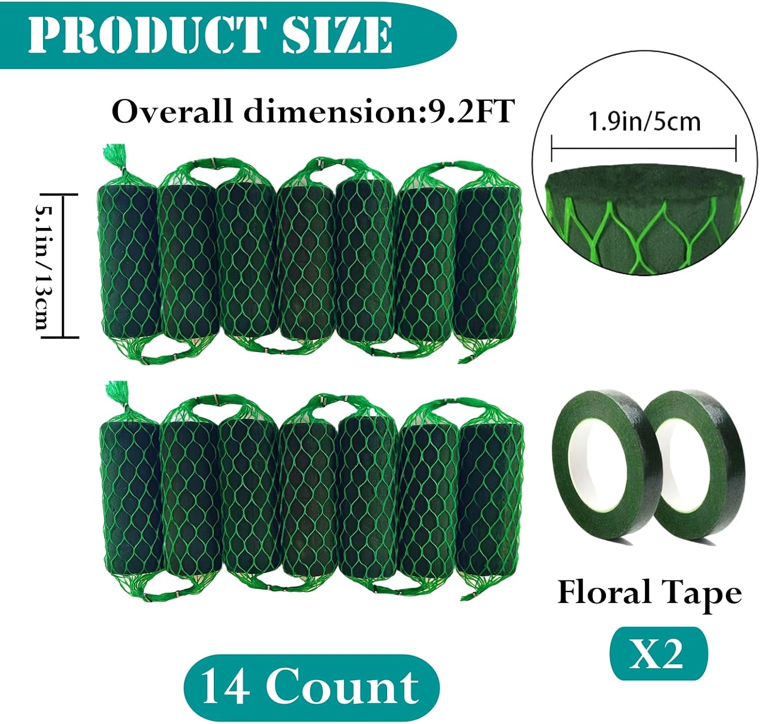14Pcs Floral Foam Garland 9.2Ft Sponge Blocks Kit, Absorption Flower Holder Arch Door for Wet Dry Fresh Flowers Arrangement for Wedding Garden Home Decor (Floral Tape x 2pcs)