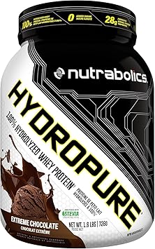 Nutrabolics Hydropure Whey Protein Powder | 100% Hydrolyzed Whey Protein | 28g Protein, Fast Absorbing Protein, Low Fat, Low Carbs | 20 Servings, 1.6LB Extreme Chocolate
