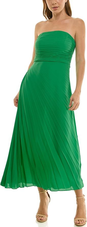 Nicole Miller Women's Midi Dress Strapless Pleated Satin, Popcorn, 16